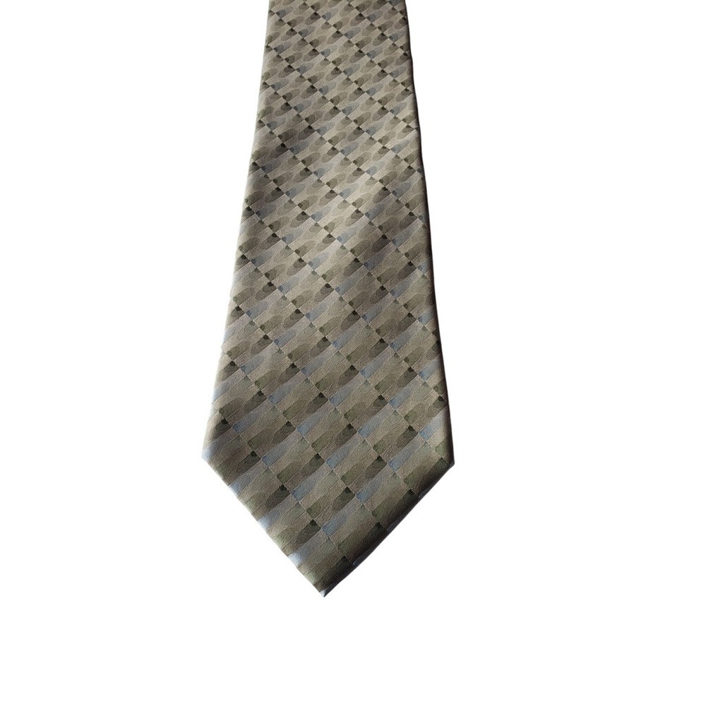 Van Heusen Mens Tan Brown Blue Geometric Neck Tie 100% Silk Made In USA Designer